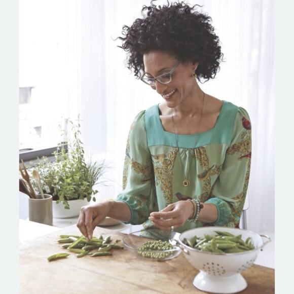 Vanessa Virginia Silk ANTHROPOLOGIE Green Blouse Top Bird Baroque Womens S 4 - Picture 1 of 9